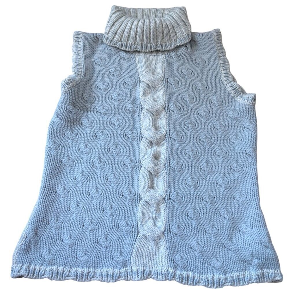 Dressy Cable Turtleneck Sweater Vest Sz Large Wool Blue and White